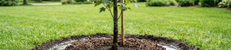 Newly planted tree with a soil water ring and mulch kept off the trunk