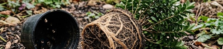Shrub out of its nursery pot with thick roots circling the root ball