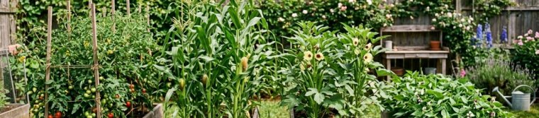 Four separate wooden raised beds growing tomatoes, sweet corn, okra and bush beans
