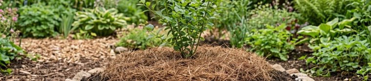 Young blueberry bush on a raised mound of soil covered with pine straw