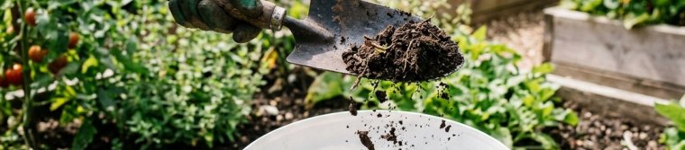 Trowel dropping a slice of soil into a clean plastic bucket