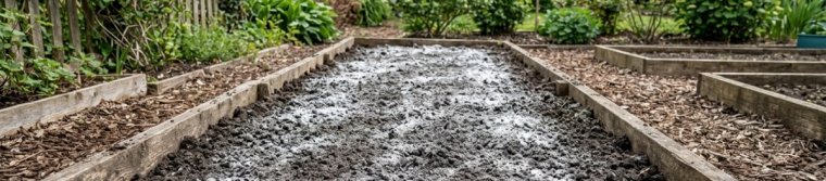 Bare vegetable bed with a thin layer of white garden lime on the soil