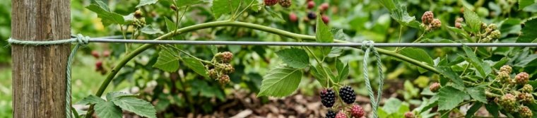 Blackberry canes tied loosely to a single trellis wire along a garden row