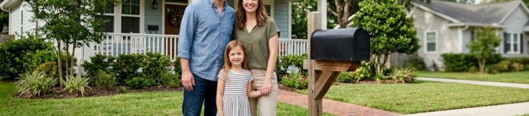 Family standing together by a mailbox in front of their house