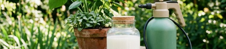 Glass jar of evenly milky soap mixture beside a garden sprayer