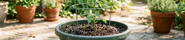 Young tomato in a large pot with a cage