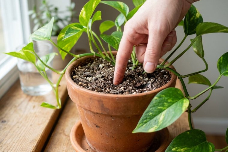 A finger pushed into the potting mix of a houseplant to check moisture